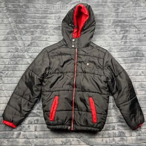 LRG Clothing Equipment Boys Puffer Jacket Black Red Hooded Winter Coat Medium